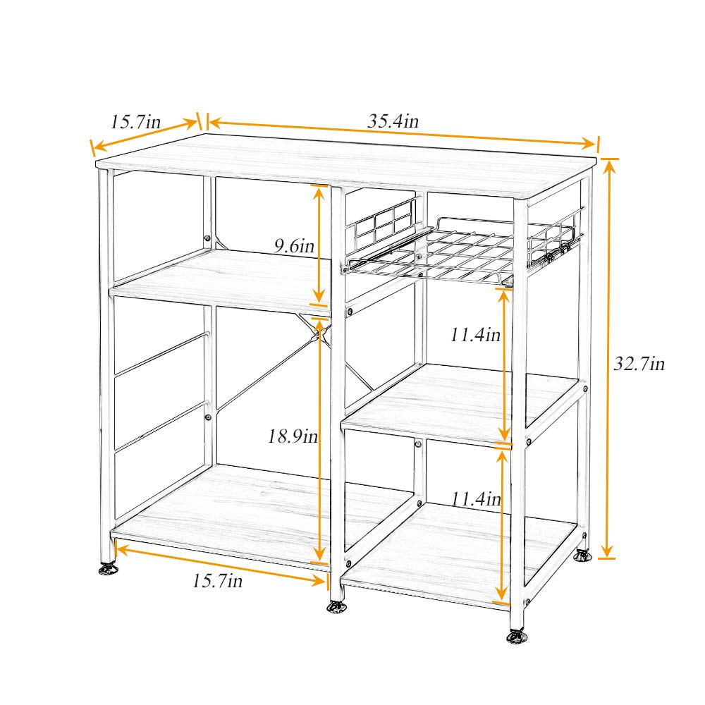 soges Kitchen Bakers Rack with 5 Hooks, Microwave Stand, Coffee Bar Station, Industrial Storage Shelf with Wire Basket, Adjustable Feet, Sturdy Metal Frame for Kitchen, Pantry, Living Room, White Oak