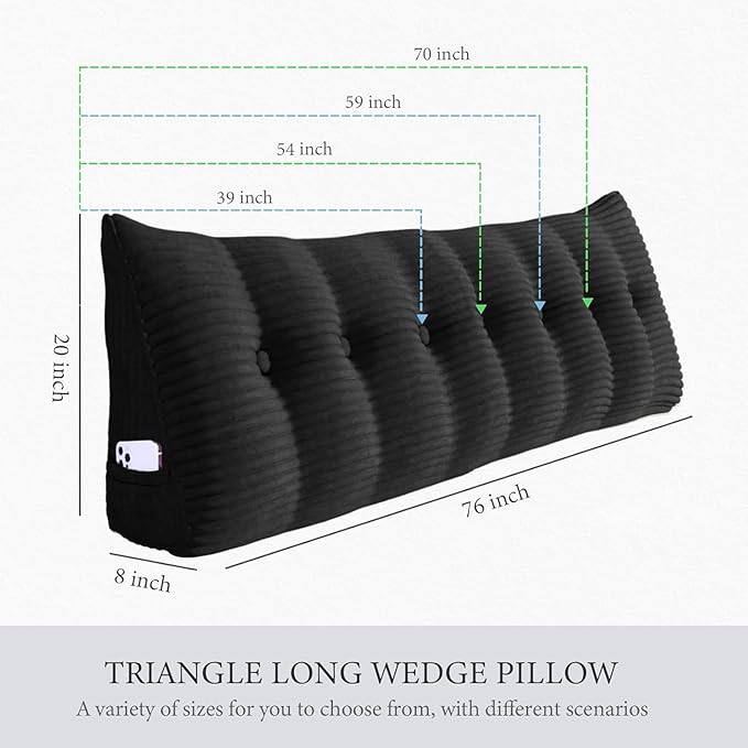 Wedge Headboard Pillow Dorm Room Reading Pillow Back Support for Sitting Up in Bed Bolster Lumbar Cushion Body Positioning Bedrest Corduroy (Black, Twin (39 * 8 * 20in))