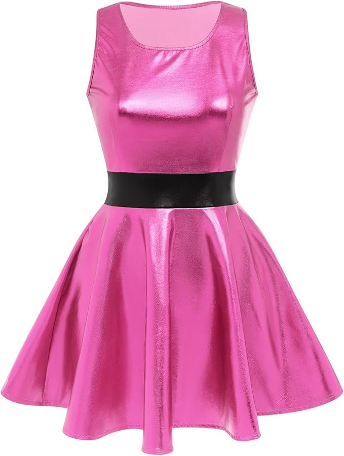 IDOPIP Women's Shiny Metallic Dress Sexy Sleeveless Skater Mini Dress Holographic Party Rave Dance Clubwear Halloween Costume