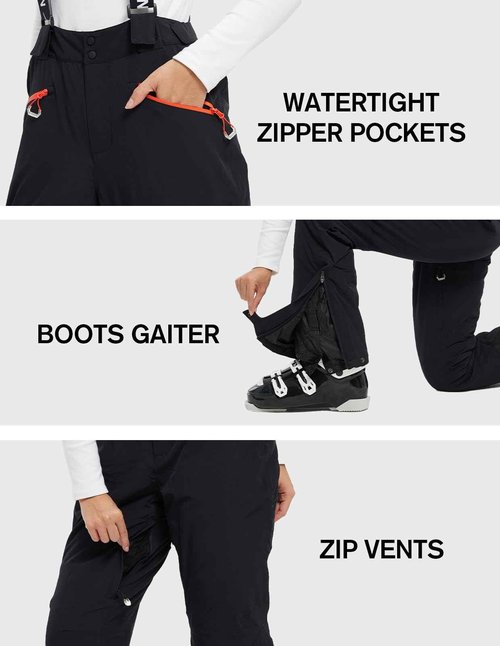 fit space Women's Insulated Ski Pants Waterproof 15,000mm Removable Suspenders Winter Snow Snowboarding (Black,Medium)