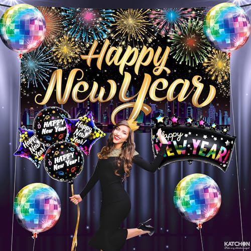 KatchOn, Neon New Years Decorations 2026 Set - Huge, Pack of 10 | Rainbow Happy New Year Banner, New Years Balloons, Disco...