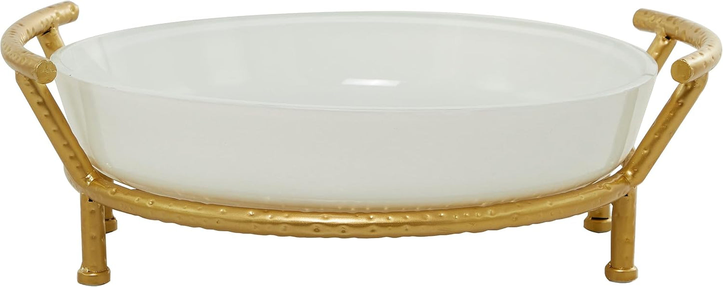 Deco 79 CosmoLiving by Cosmopolitan Glass Kitchen Serving Bowl with Gold Metal Stand, 19" x 16" x 6", White