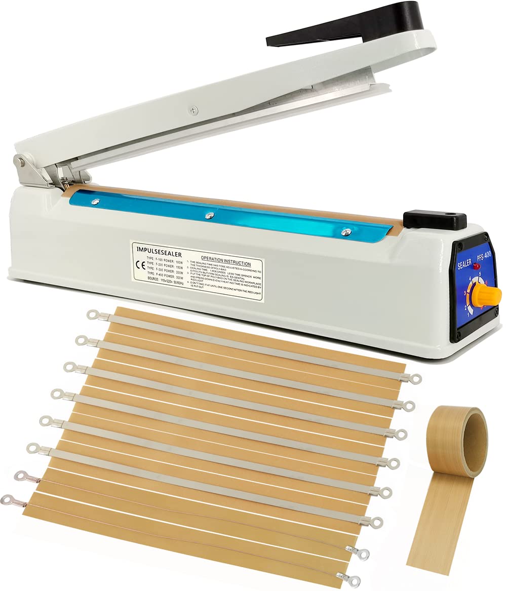 Impulse Heat Sealer 16 inch Mylar Bag Sealer, Heat Sealer for Plastic Bags, Metal Iron Shell, Impulse Sealer 3mm Sealing, Manual Hot Seal Machine with 8 Repair Kits(Included 2 Cutter Lines)