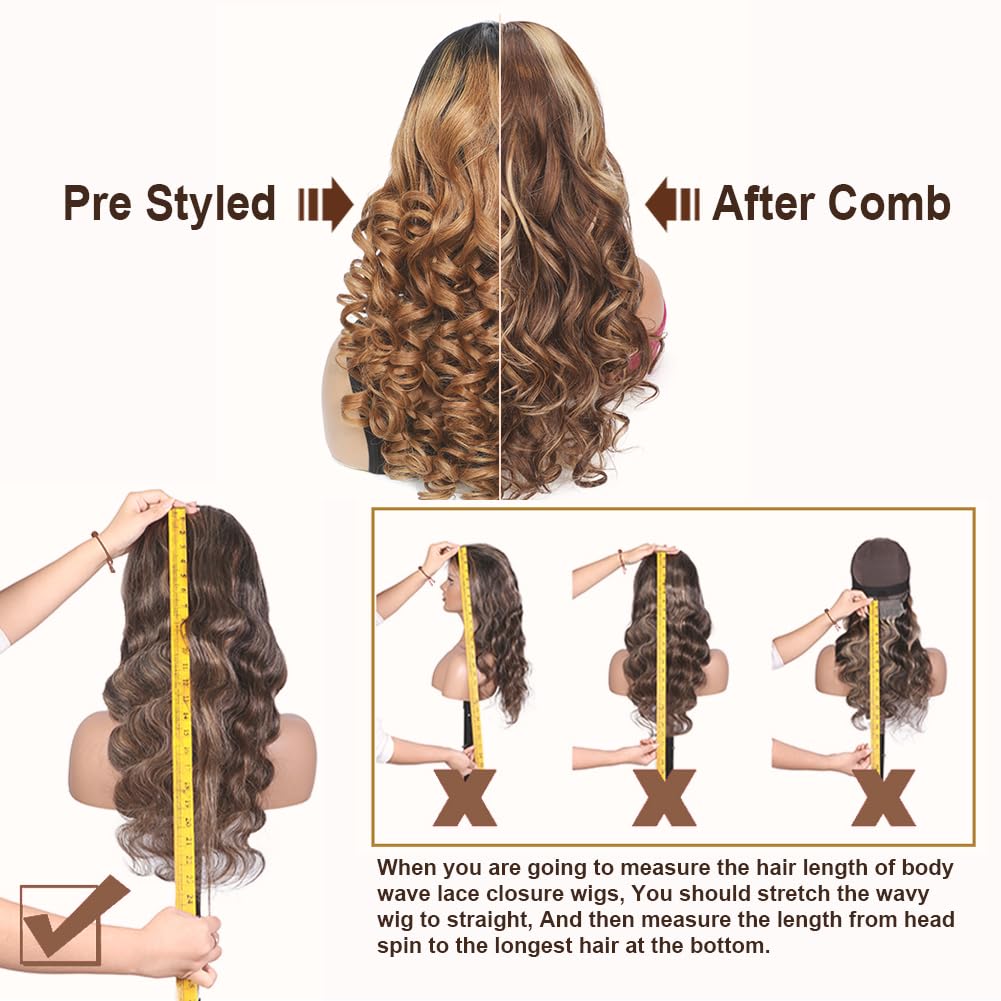 1B/30 Lace Front Wigs Human Hair Highlight Ombre 5x5 Pre Cut Lace Front Wigs Human Hair Dark Root to Brown 5x5 HD Lace Closure W