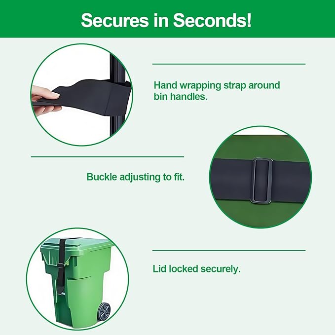 Trash Can Locks for Animals，One Claw Heavy-Duty Adjustable Bungee Straps for Bear-Proof & Raccoon-Proof Garbage Bins,Windproof Design,Fits Most Trash Cans,Odor Control（2PACK)