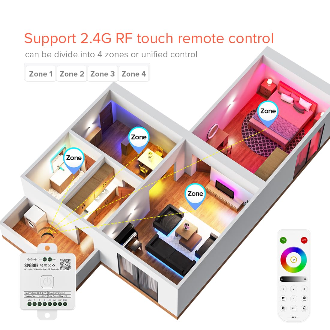 BTF-LIGHTING SP630E Bluetooth Controllers 4 Zones 2.4GHz RF RB3 Remote Kit Support FCOB COB SMD PWM or SPI RGB RGBW LED Strip WS2811 WS2812B WS2814 WS2815 SK6812 IC etc DC5V DC12V DC24V
