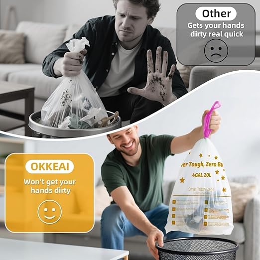 OKKEAI 4 Gallon Small Trash Bag Drawstring. 60 Count White Heavy Duty Trash Bags Tear & Leak-Proof Wastebasket Liners with Safety Warning for Bathroom, Kitchen, Bedroom, Office