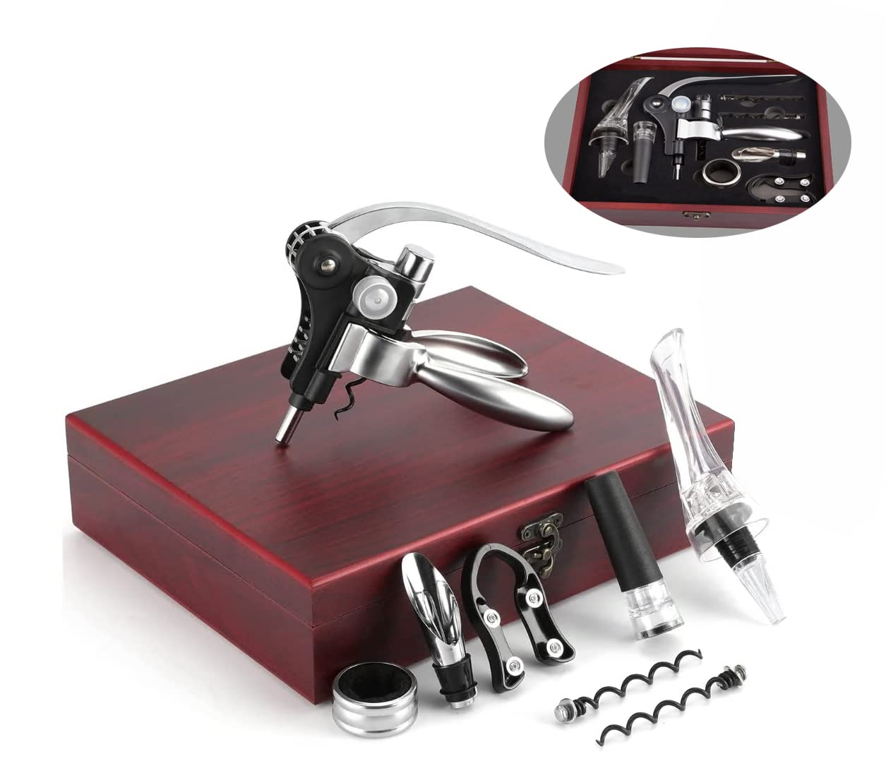 Wine Opener,Wine Bottle Opener, Wine Accessories Areator Wine Opener Kit, Red wine Corkscrew Set with Wood Case,Wine Gift with Luxury Packaging