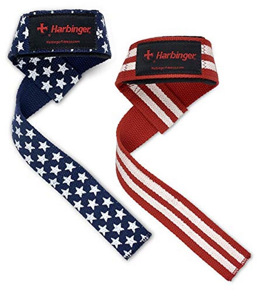 Harbinger 21.5" Padded Cotton Weight Lifting Straps with NeoTek Cushioned Wrist (Pair), Flag