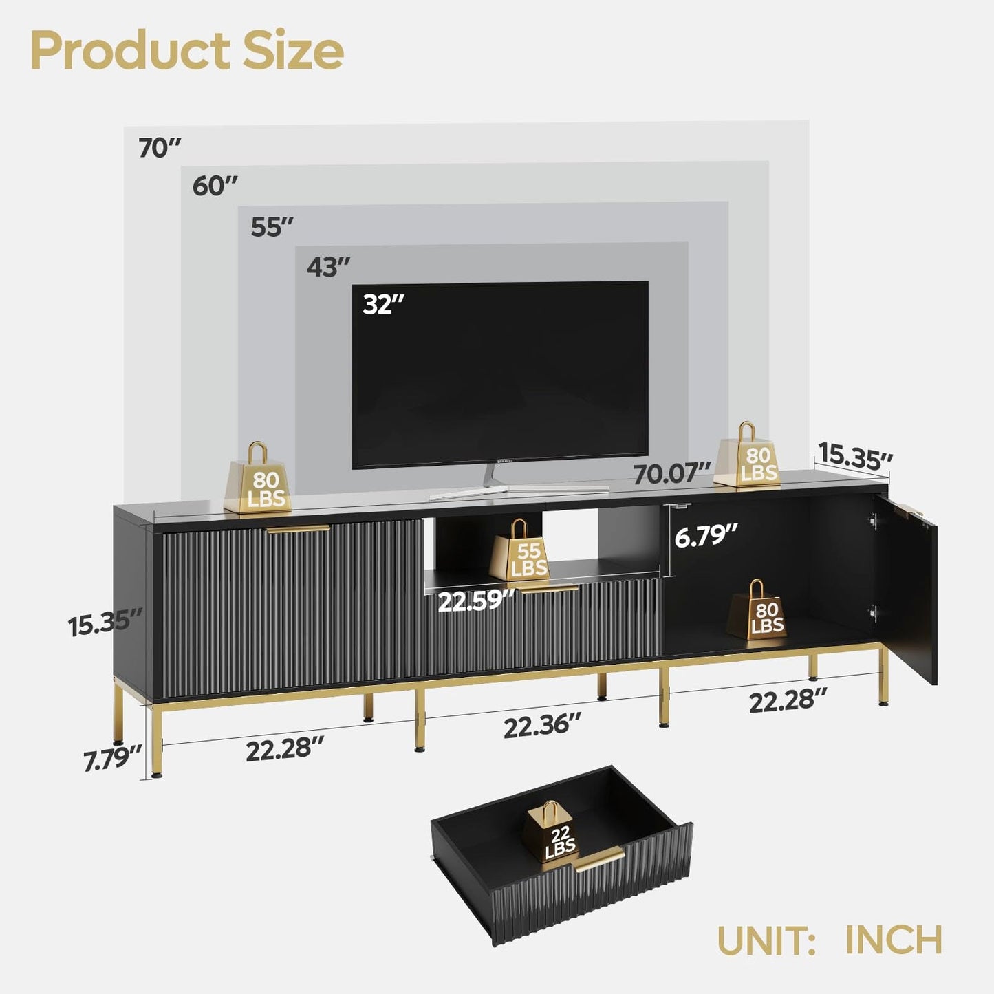 Bestier 70” Fluted TV Stand with LED Lights, Black TV Stand for TVs Up to 80", Modern Entertainment Center with Storage, TV Console, Media Console for Living Room Bedroom