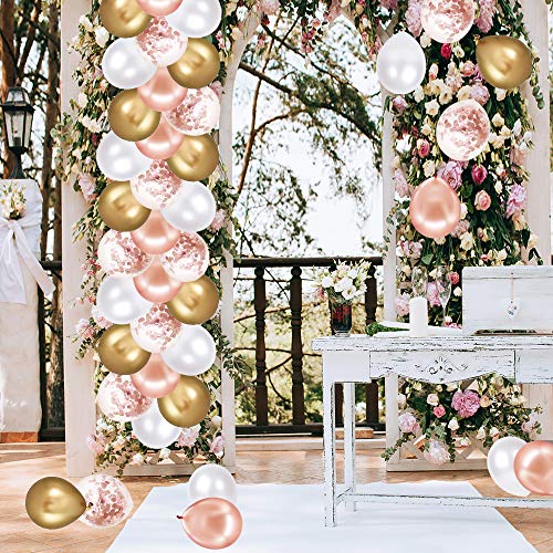 Rose Gold Confetti Latex Balloons, 60 Pack White Balloons 12 Inch with Gold Ribbon for Birthday Party, Wedding, Bridal Sho...