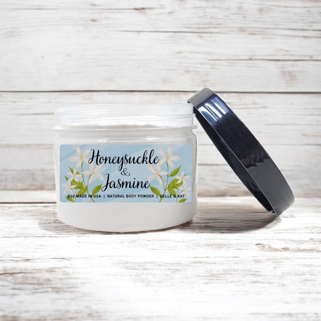 Honeysuckle Jasmine Scented Body Powder for Men & Women, Bath Perfume Dusting Powder with Fragrance & Essential Oils, Talc Free 8oz Container, Made in USA