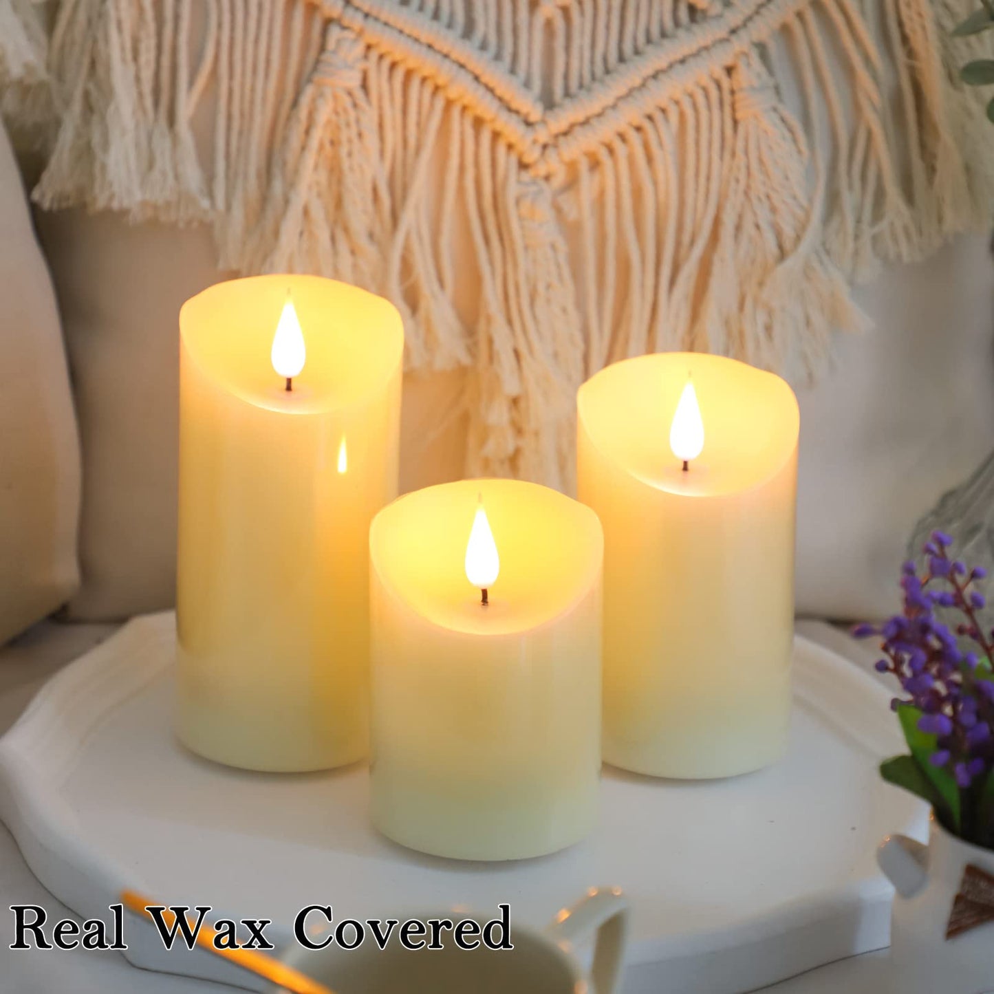 Lezonic Rechargeable Flickering Flameless Candles Battery Operated with Remote and Timer, Pack of 3(D 3'' X H 4''5''6'') Long Lasting Ivory White Real Wax LED USB Pillar Candles