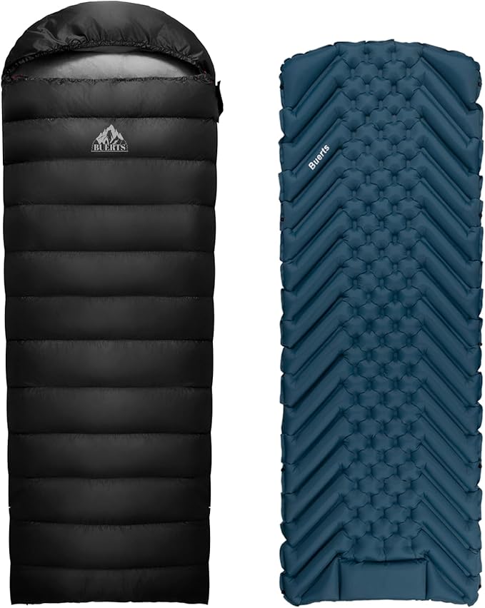 BUERTS Warm & Portable Sleep Kit: Ultralight 680FP Down Sleeping Bag (17°F~32°F) with Thickened Quick-Inflate Mat and Pillow