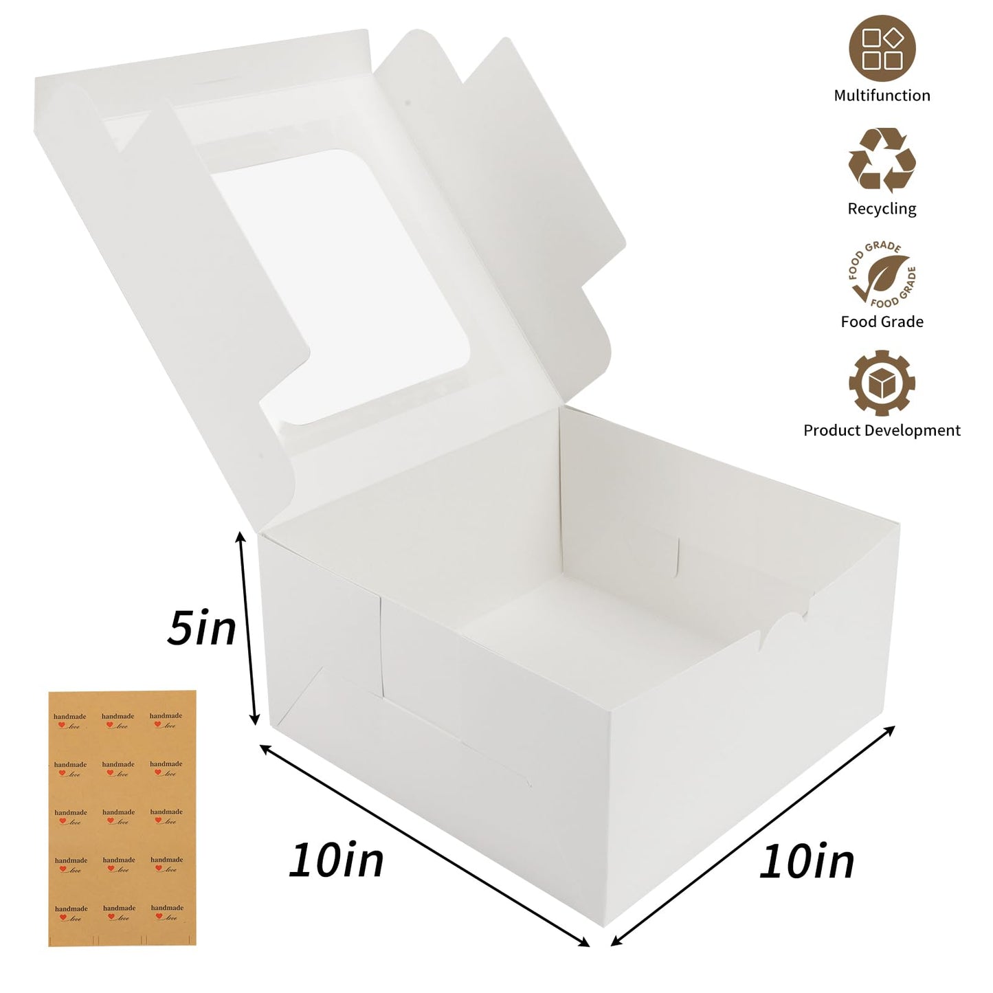 Moretoes 24pcs Cake Boxes, 10x10x5 Inches White Square Bakery Boxes with Window Cajas Pasteles for Cake, Mother's Day, Pastries, Chocolates, Cookies, Pie, Birthday Party, Wedding