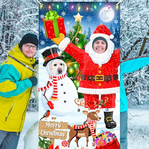 Lecheme Christmas Photo Banner 6x3ft Hole in Face Santa Face Cutout Xmas Backdrop Holiday Photo Booth Props Christmas Part...