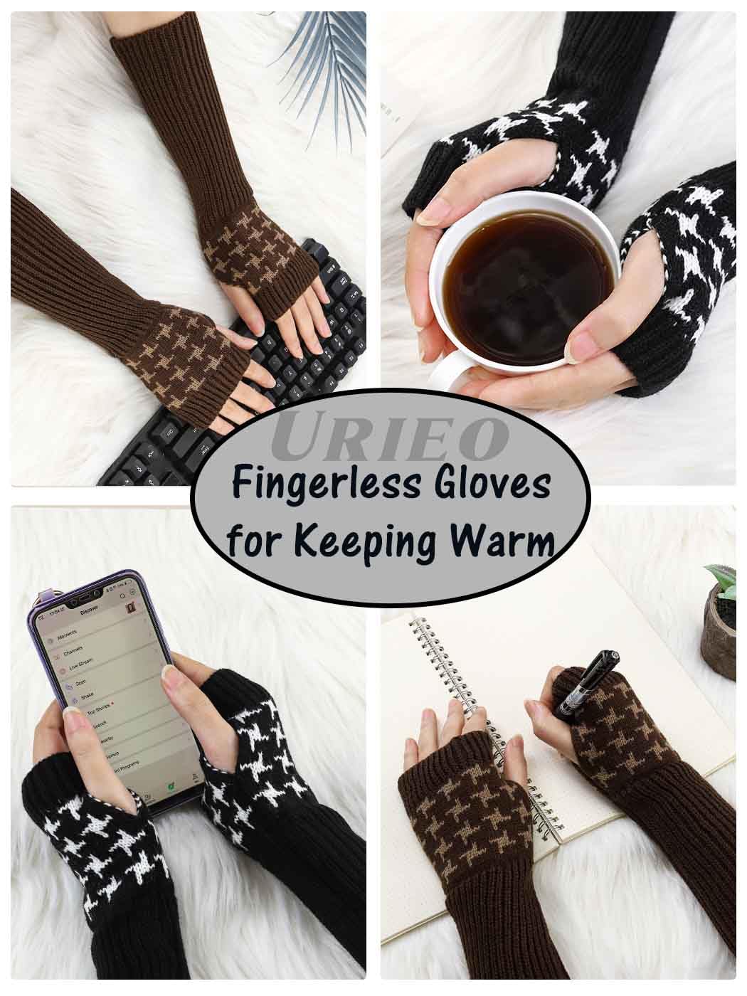 Urieo Long Arm Warmers Winter Fingerless Gloves Knit Mitten with Thumb Hole for Women（Pack of 2）