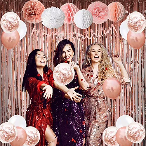 Upgraded Rose Gold Pink Party Decorations with Happy Birthday Banner, Curtains, Butterfly Wall, Circle Dots Garland, Tissu...