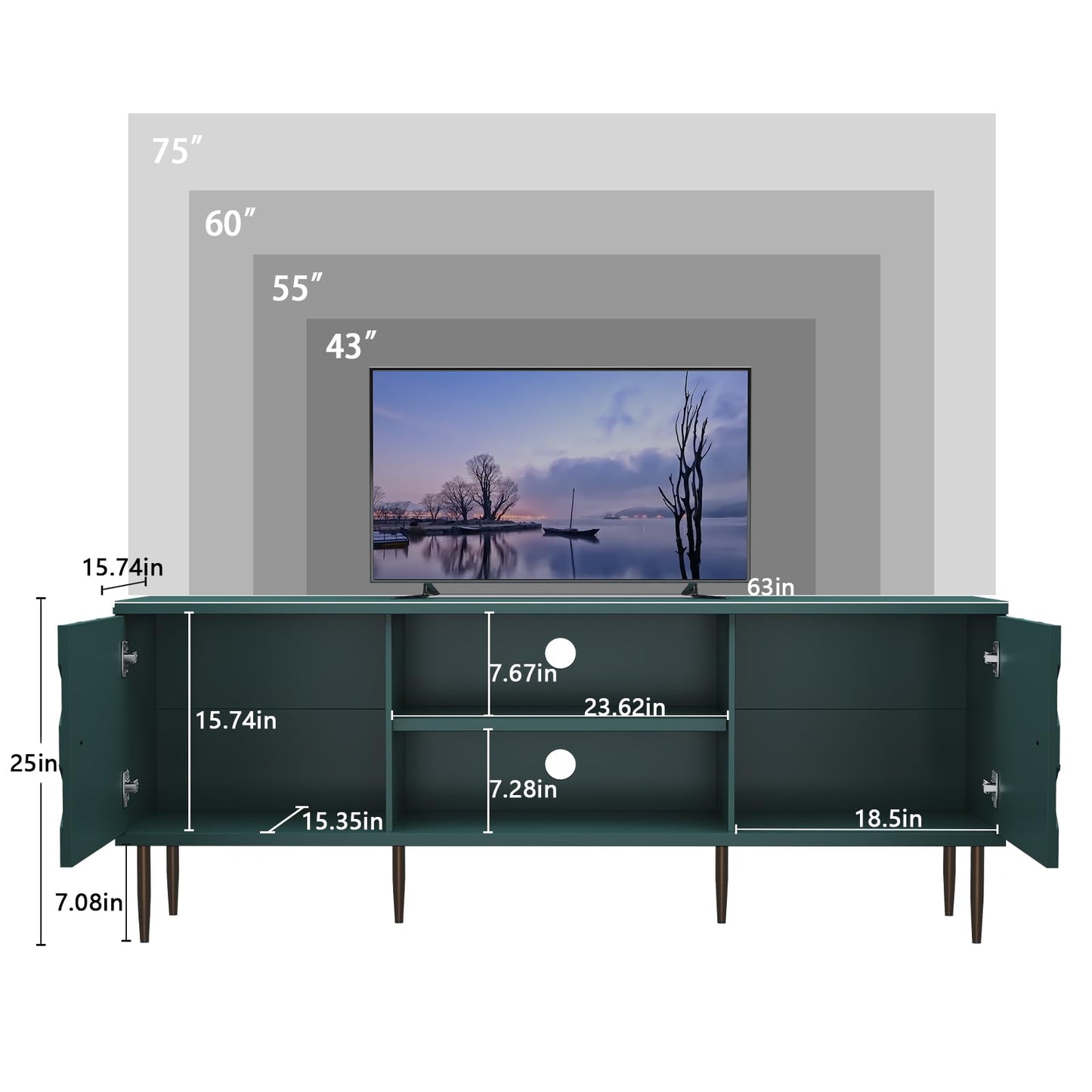 MROJISC Modern TV Stand for 65/70inch TV, Entertainment Center with Storage Cabinet and Open Shelves, Embossed Pattern TV Stand, TV and Media Console for Living Room, Bedroom, Green