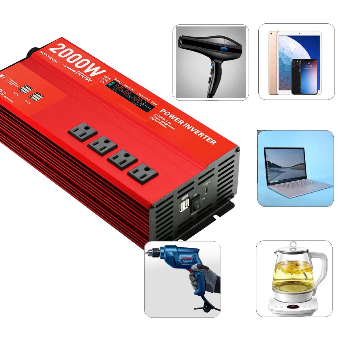Movffggrm 2000W 12V Power Inverters For Vehicles,Peak 4000 Watt, Car/Truck Dc 12V To 110V 4Ac Converter, 6 Usb 2.4A Ports,With 1