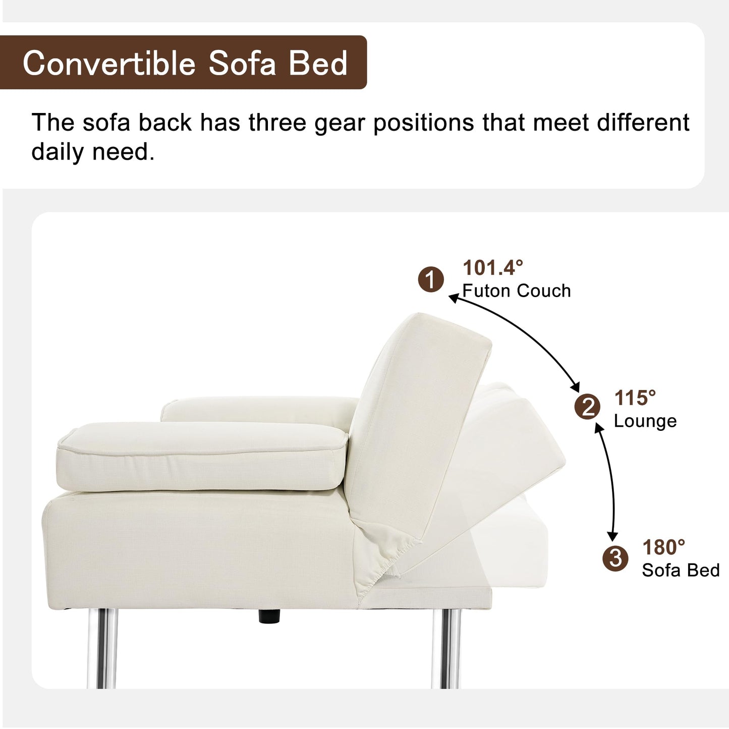 VECELO Modern Convertible Folding Futon Sofa Bed with Removable Armrests Breathable Linen Recliner Couch for Living Room/Apartment Lounge, 2 Cup Holders, Beige