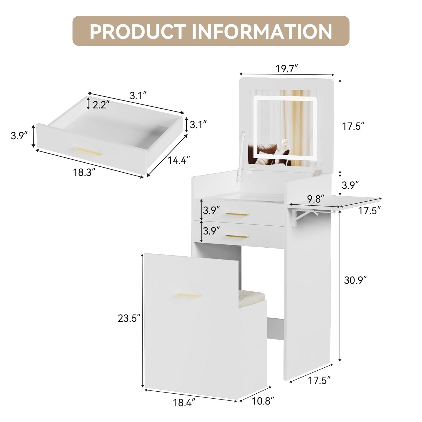 ARTETHYS Small Vanity Desk Set with Flip-top Mirror and Lights White Integrated 3 in 1 Makeup Vanities Set for Compact Space Mini Dressing Table with Fold-up Panel and Storage Chair for Bedroom