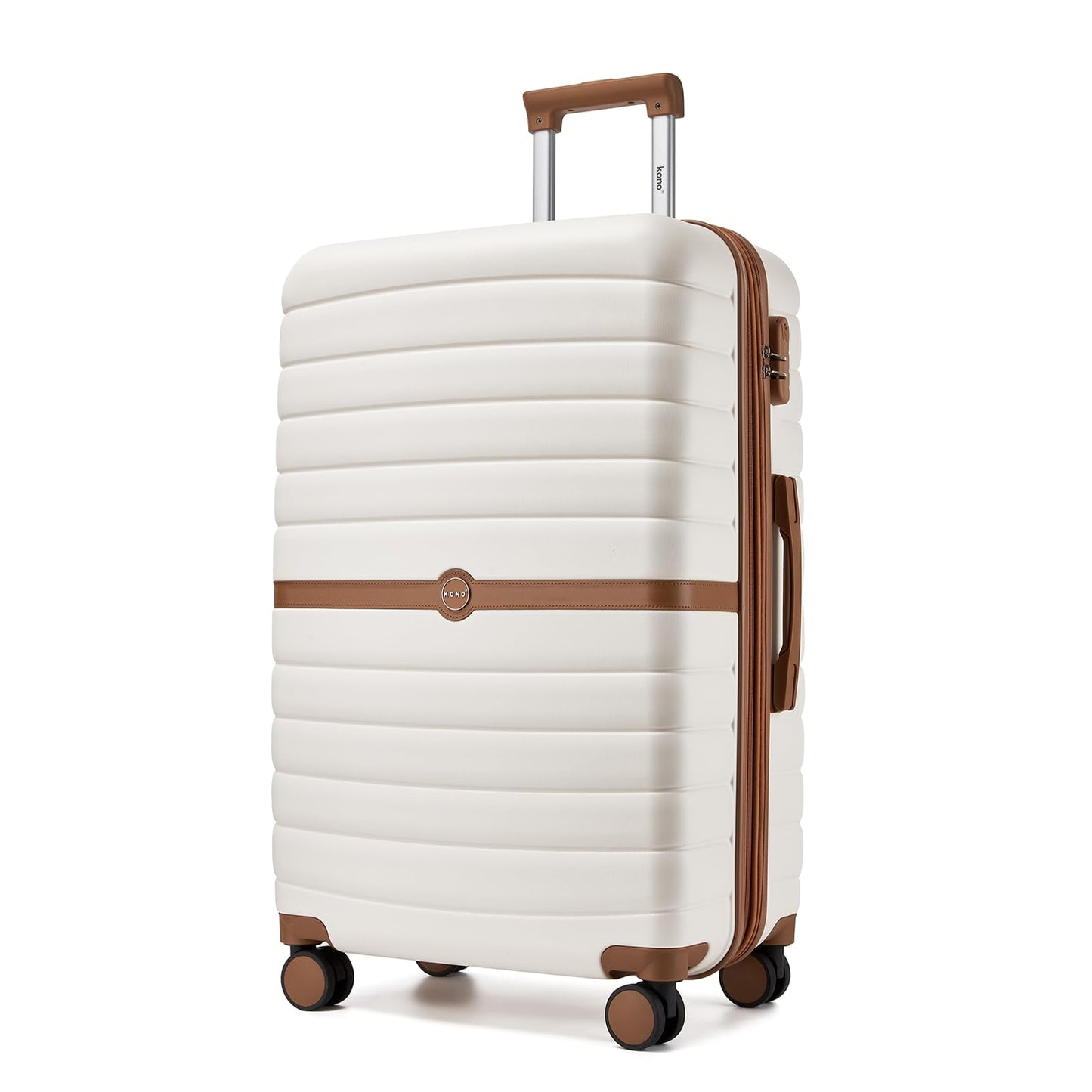 Kono Expandable 28 Inch Luggage with Spinner Wheels, Large Checked Luggage with Lock, Lightweight & Anti-Scratch PC+ABS Hardshell Travel Suitcase, White/Brown