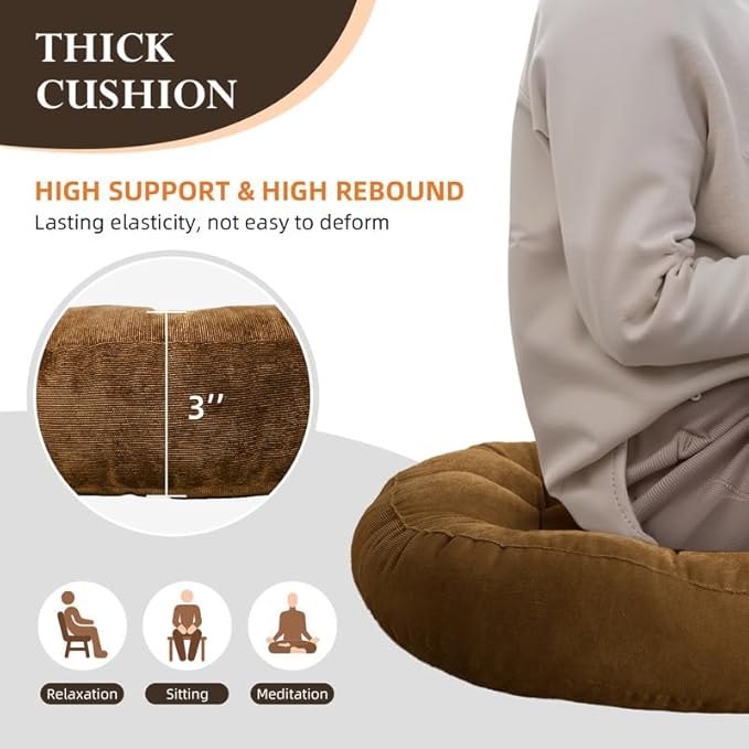 Gfobip Meditation Floor Pillow Set of 2 Large Round Floor Cushions for Adults Tufted Corduroy Floor Seat Pillows Cushion for Living Room,Yellow 16.5" Lx16.5 Wx3 H