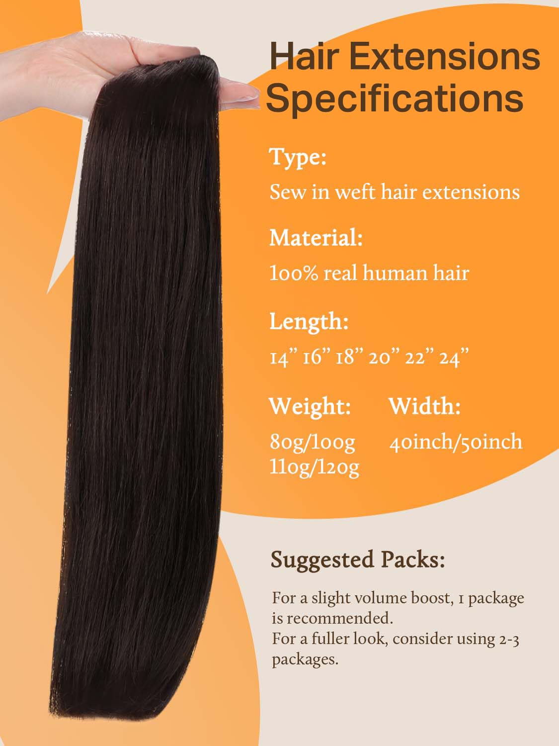 DOORES Sew in Hair Extensions Real Human Hair, Dark Brown 14 Inch 80g, Full Head Double Weft Natural Straight Extensions for Wom