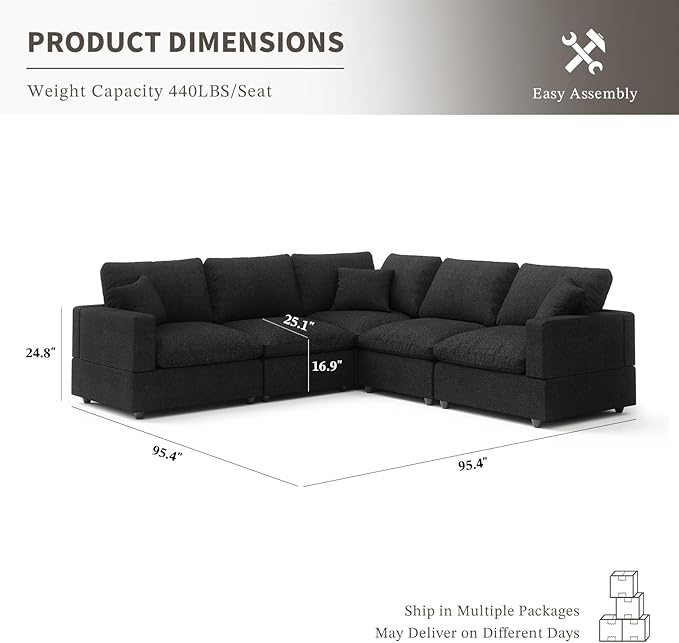 Cloud Couch Modular Sectional Sofa, 95.4" 5-Seater Corner Sectional Couches for Living Room, Convertible Cloud Sofa, Down Filled Wide&Deep Seat, Removable Washable Cushion Cover&Backrest Pillow Cover