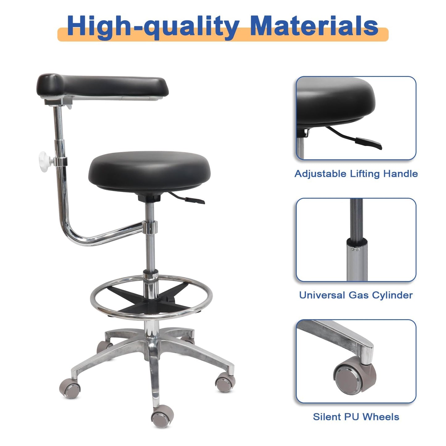 LIMKOMES Round Rolling Stool with Seat and Footrest Dental Chair with Rotatable Armrests for Dentist Office Shop Home