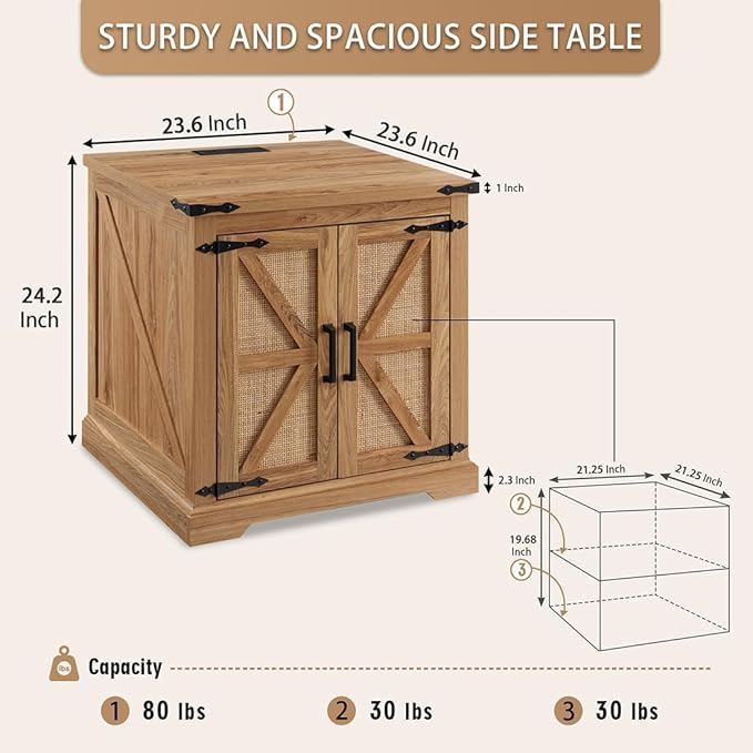 Barnyatoh Farmhouse Boho End Table with Charging Station, 24" Large Side Table with Rattan Barn Door, Rustic Wood Square Nightstand Bedside Table with Storage for Living Room, Bedroom, Natural