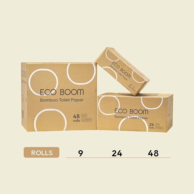ECO BOOM Toilet Paper 100% Bamboo 3-Ply, Plastic-Free & Tree-Free, strong, FSC Certified, Unscented, 9 Rolls, 360 Sheets | PFAS Free, BPA Free & Septic Safe