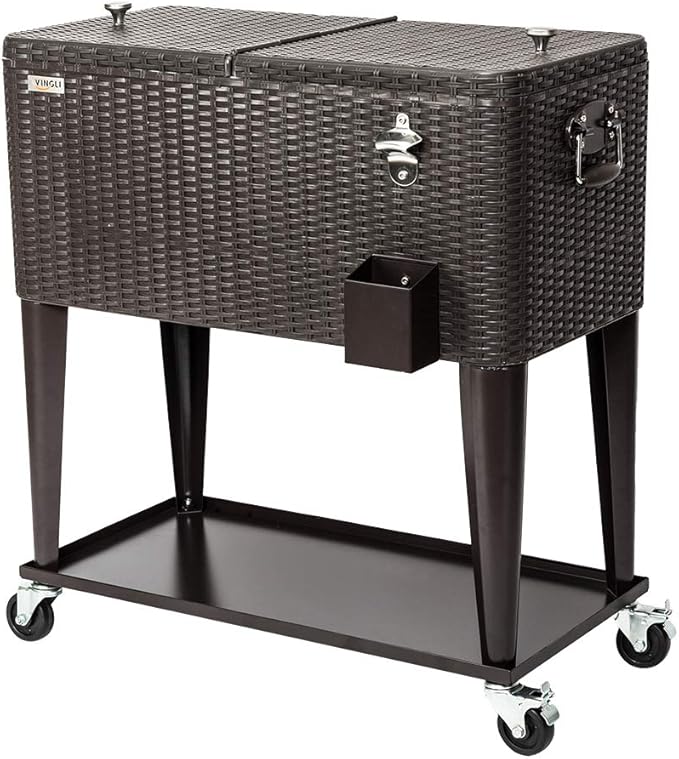 VINGLI 80 Quart Rolling Ice Chest, Portable Patio Party Bar Drink Cooler Cart, with Shelf, Beverage Pool with Bottle Opene...