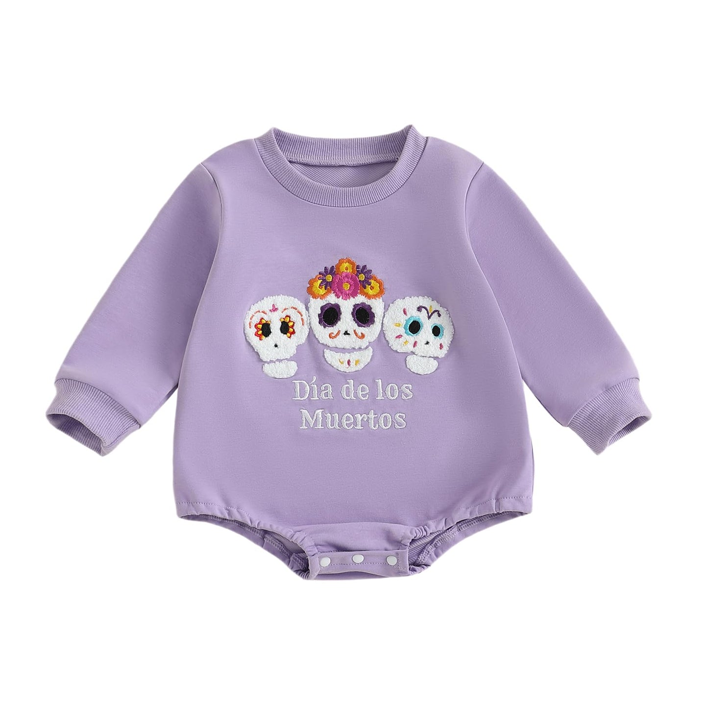Kuriozud Newborn Baby Girl Day of the Dead Outfit Sugar Skull Sweatshirt Romper Bubble Romper Top Infant Fall Clohtes Dia de los Muertos Purple, 0-3 Months