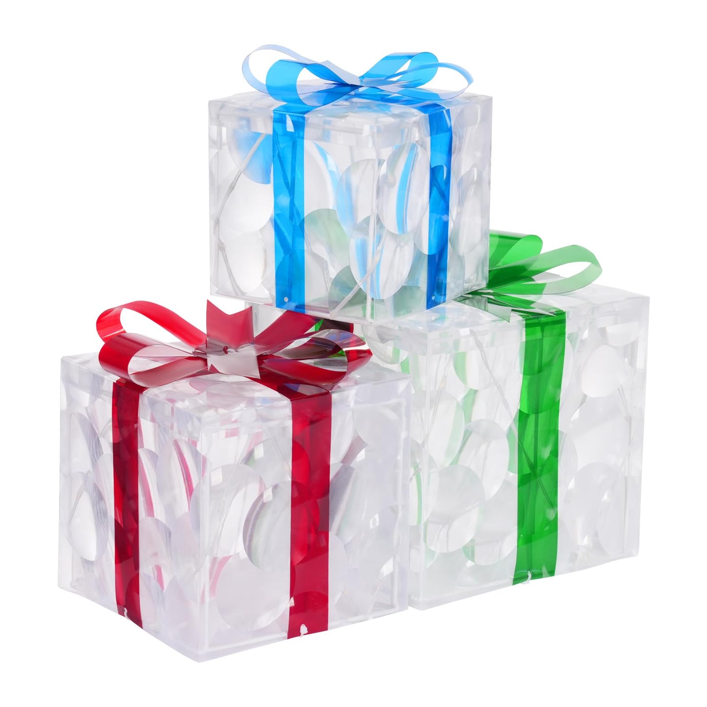 Set of 3 Christmas Lighted Gift Boxes Pre-Lit 60 LED Lights with Switch Outdoor Present Decorations Gift Box Ornament for Christmas Decorations