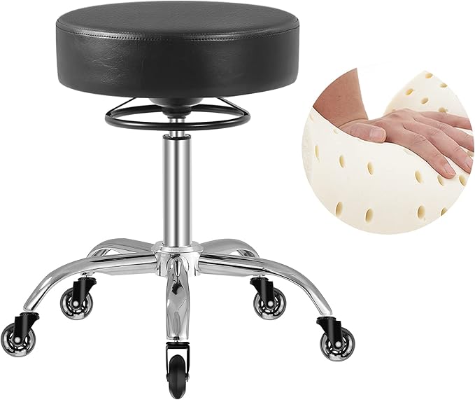 Rolling Stool with Wheels 400lbs Weight Capacity,Heavy Duty Lash Chair Adjustable for Tatoo Lab Massage Salon Spa Drafting Nail Teach,360 Swivel,Leather,Thick Seat Padding (Black)