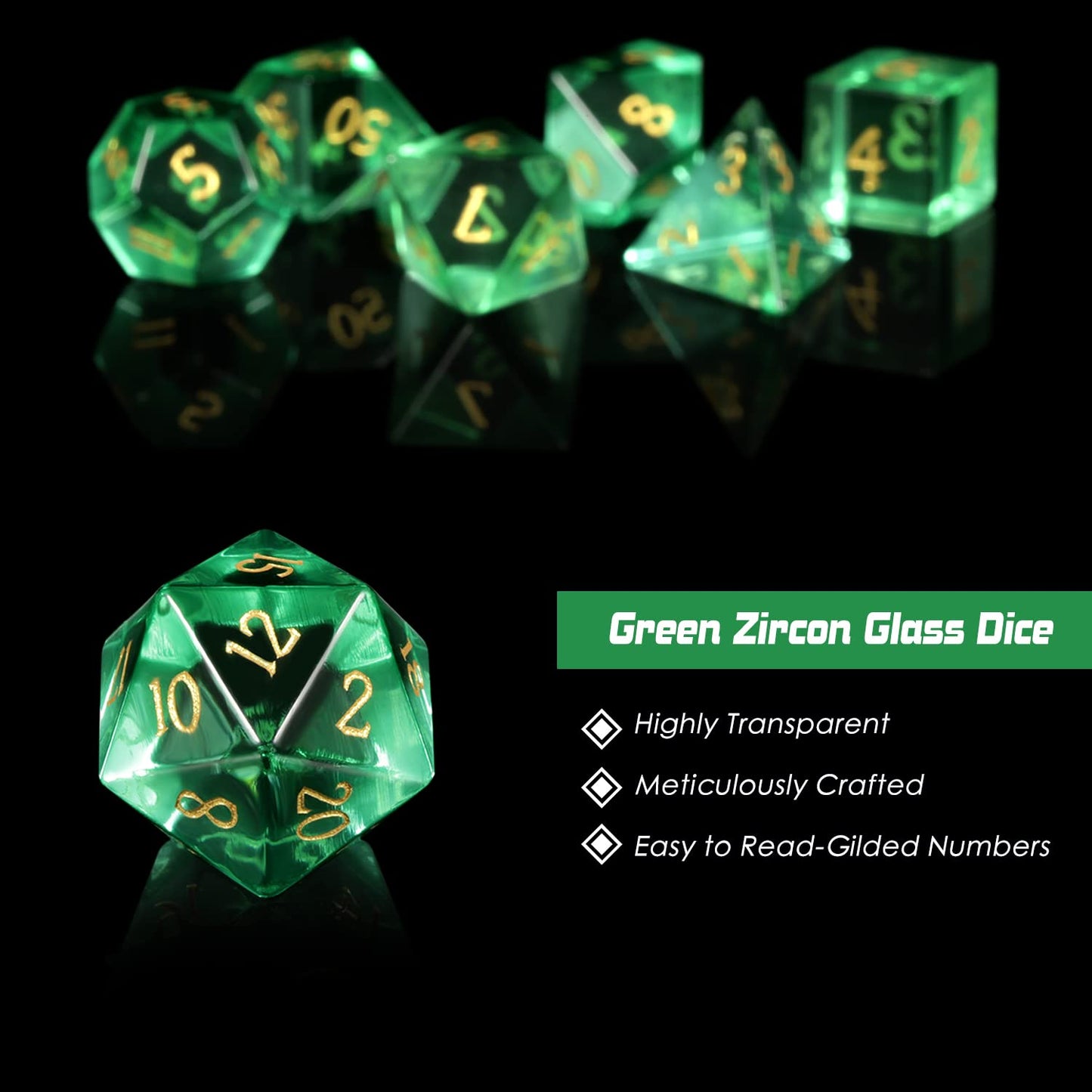 D&D Dice, DNDND 7 Piece Zircon Glass Dice Set with Great Gift Box for Dungeons and Dragon DND Tabletop Game (Green Glass with Gold Num)
