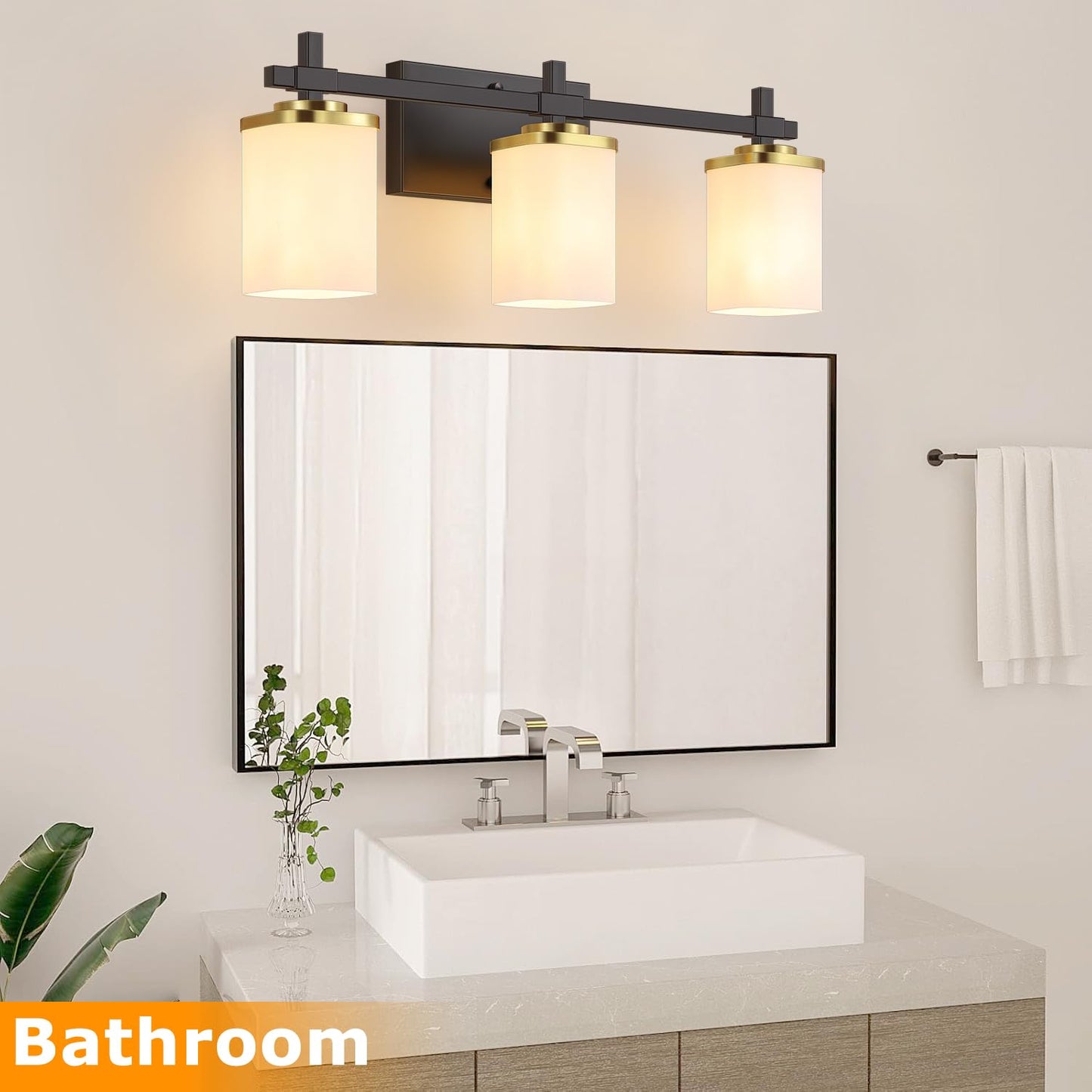 Spiglamm 3-Lights Black and Gold Bathroom Lighting Fixtures Over Mirror, Anti-Rust Vanity Wall Lights for Bathroom with Milky White Frosted Glass Shades, Modern Bath Wall Lamp for Living Room Bedroom