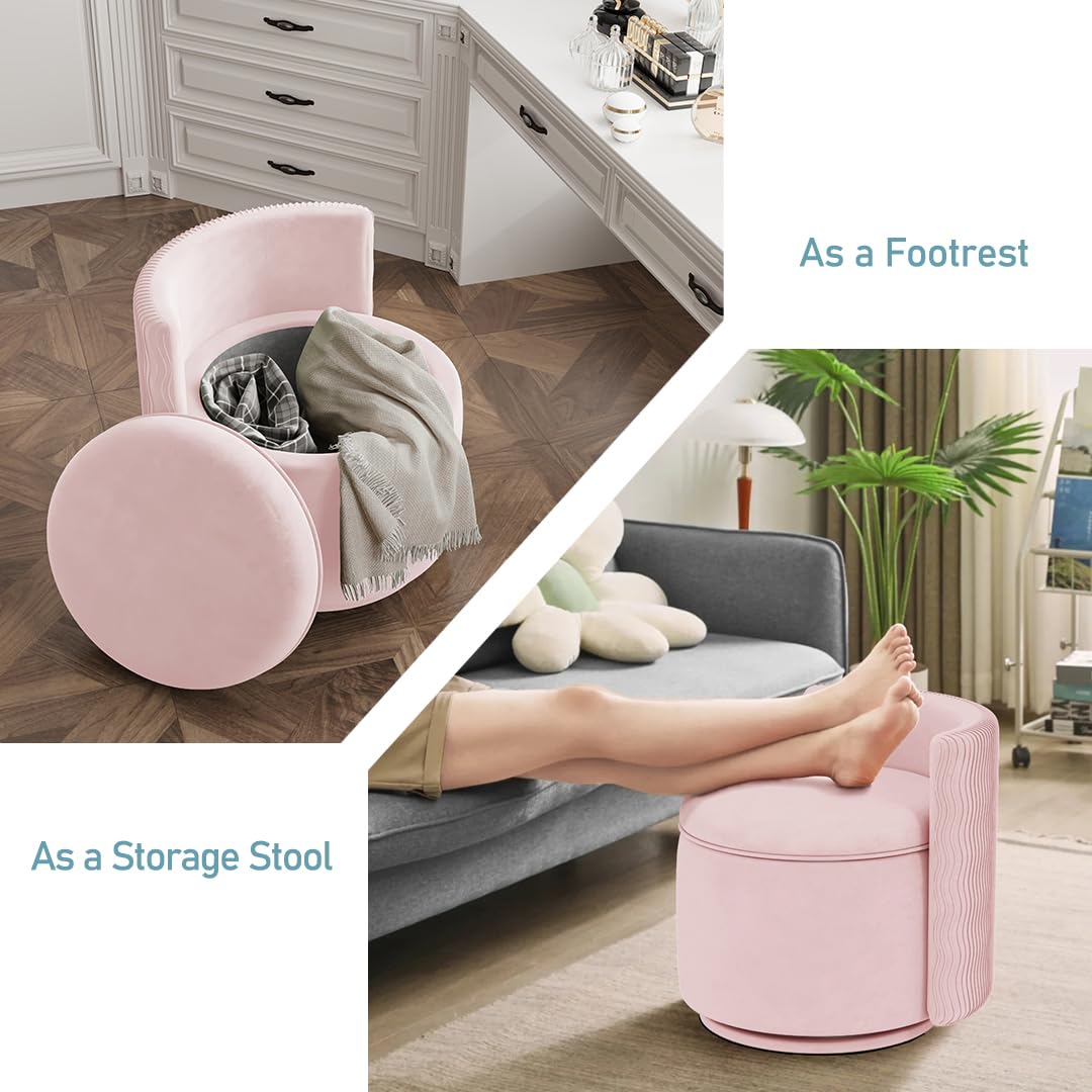 allamazing 360° Swivel Accent Chair with Storage, Vanity Stool with Back, Velvet Storage Ottoman, Upholstered Round Barrel Vanity Chair for Living Room, Makeup Room, Bedroom (Pink)