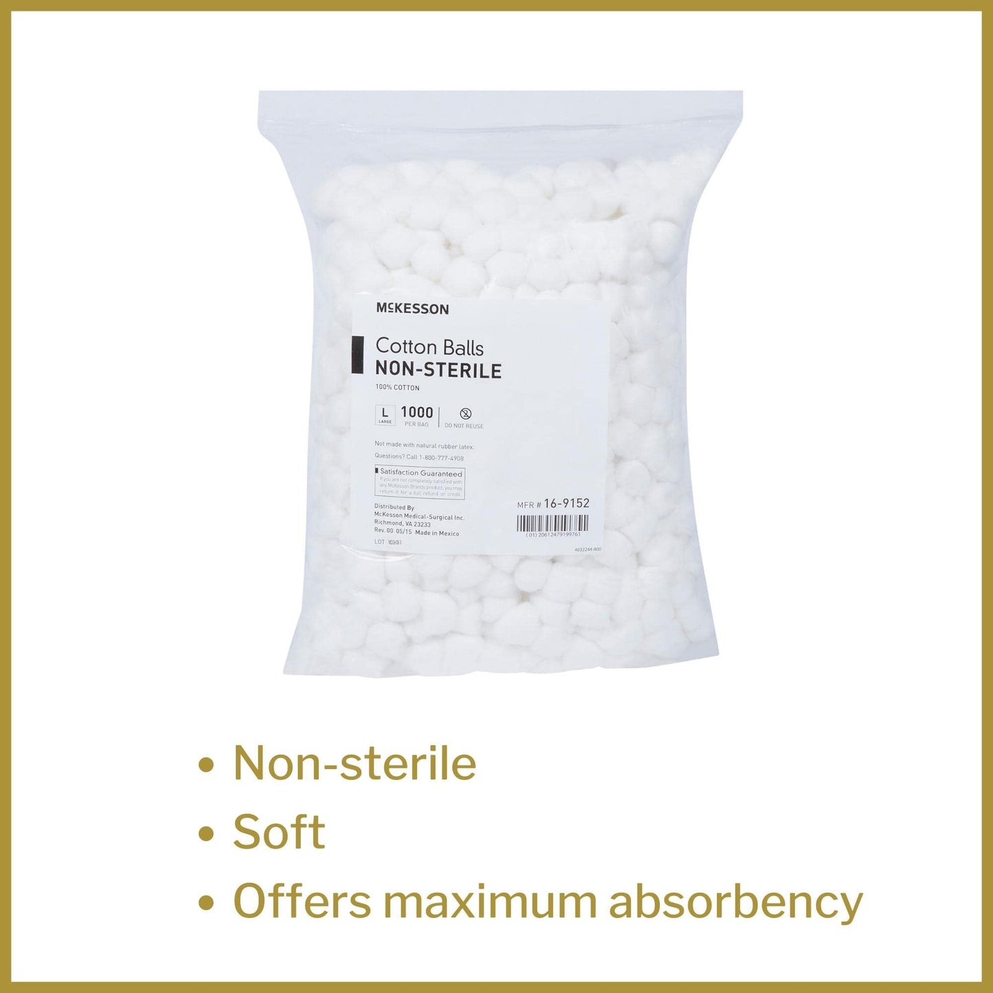 McKesson Cotton Balls, Non-Sterile, Maximum Absorbency, Large, 1000 Count, 2 Packs, 2000 Total