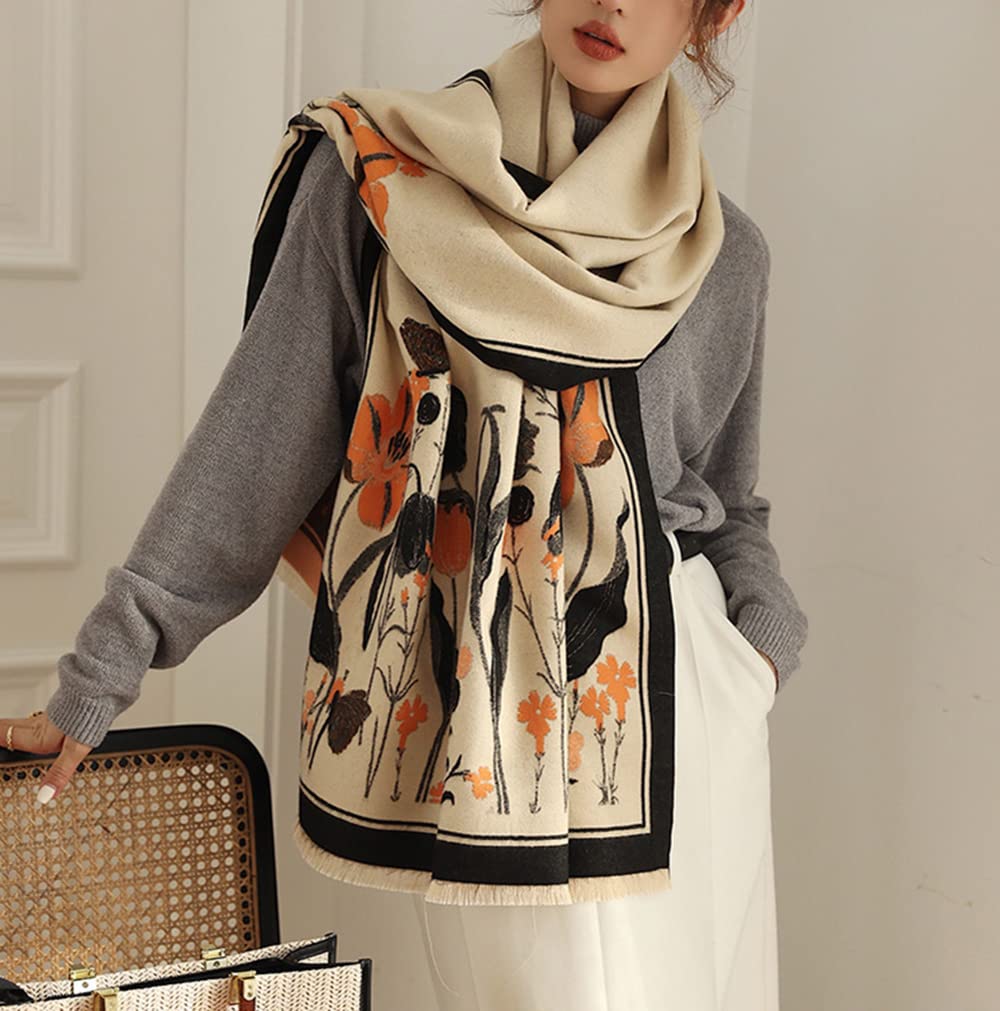 First Choose Women's Blanket Chunky,Pashmina Shawls Wraps Oversized Winter & Fall Warm Scarfs Soft Cashmere Feel for Girls and Women (Beige Black-Plant) (YS)
