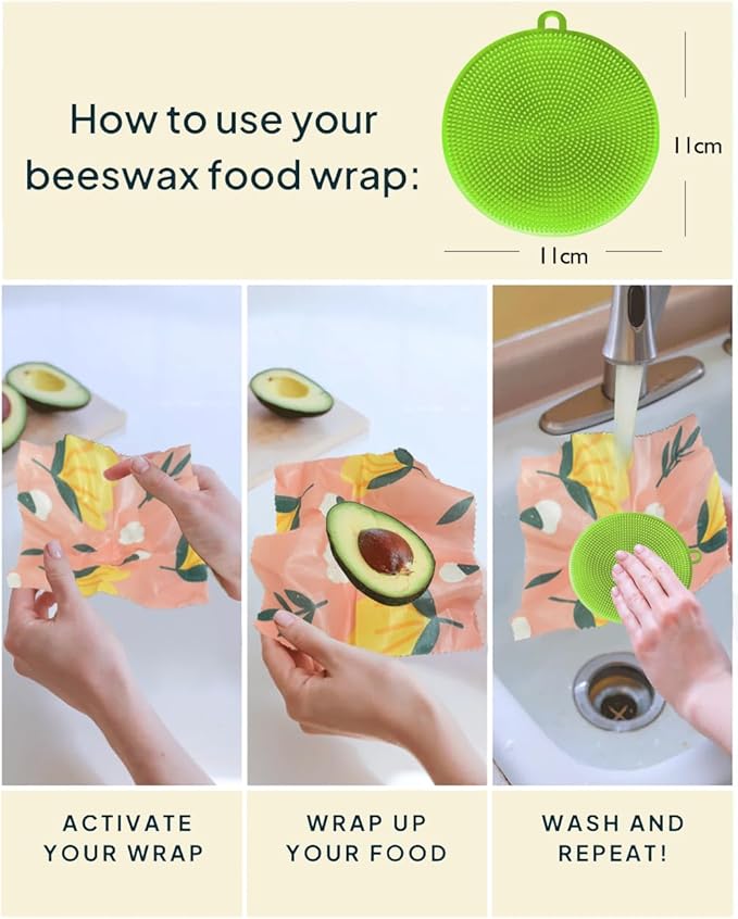 Natural Beeswax Food Wraps 9 Pack– Reusable with Multi-function brush, Stylish & Plastic-Free for Fresh Zero-Waste Kitchens wraps for bread,sandwich