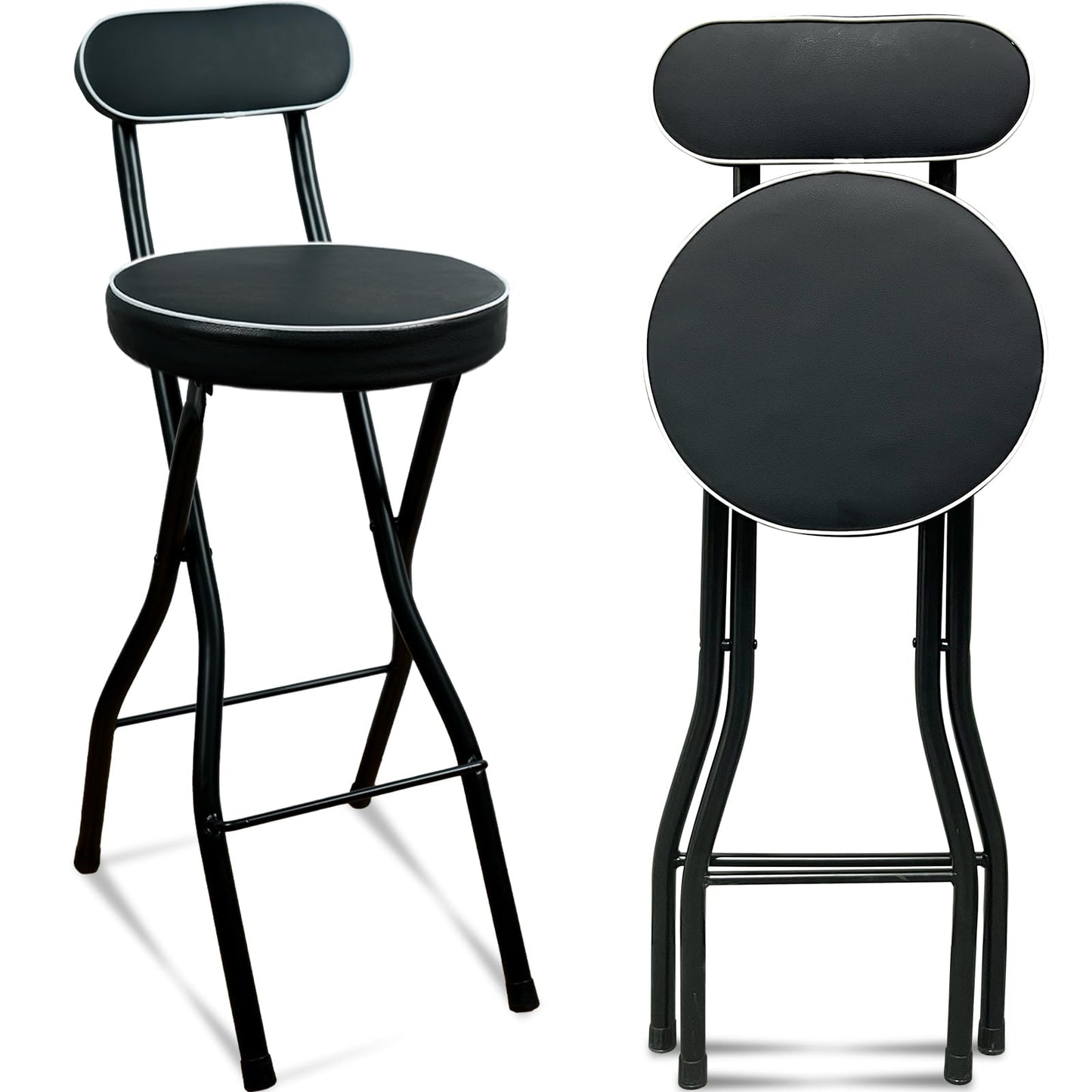 UWEAR Folding Bar Stool with Back,1 PCS Tall Foldable Stool Leather Padded Portable Stools Counter Height Foldable Stools Chairs Collapsible Stool for Adults Kitchen Island (Black)