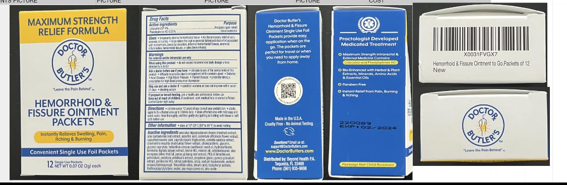 Doctor Butler's Maximum Strength Hemorrhoid & Fissure Ointment 12 to-Go Packets - Instant Pain Relief Hemorrhoid Treatment with Lidocaine, Internal & External Itching, Burning and Swelling Relief
