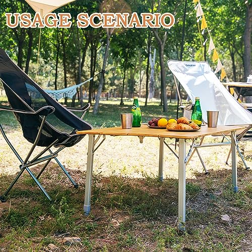 KingCamp Bamboo Camping Table Folding Table with Adjustable Height Aluminum Legs Heavy Duty 176lbs 4-Fold Portable Foldabl...