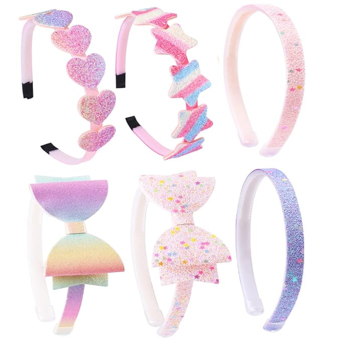 Lizioo 6 Pack Girls Headbands Glitter Kids Hair Accessories Bow/Heart/Star Shaped Sweet Hairband For Toddler/Girls/Teens