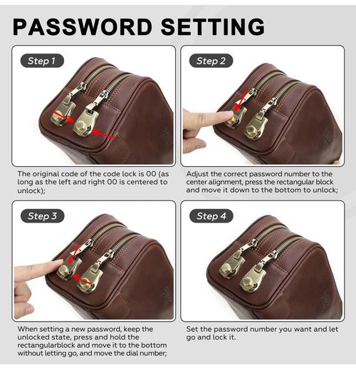 RC ROCKCOW Coded Lock Toiletry Bag, Mens Genuine Leather Travel Shaving Dopp Kit Anti Theft Business Wallet Clutch Purse Bag Organizer