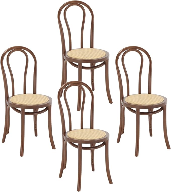 DM Furniture Bentwood Dining Chairs Set of 4 Mid-Century Modern Rattan Kitchen Chairs with Backrest, Armless Curved Wood Bistro Chair for Dining/Kitchen Room,Home No Assembly Required, Walnut Wood