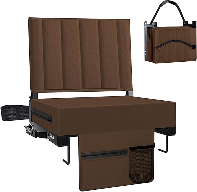 Aliphon Stadium Seat for Bleachers with Back Support and Cushion, Bleacher Seats with Shoulder Strap and Cup Holder, Padded Portable Folding Comfort Stadium Chair, for Sports Events, Brown (1pcs)